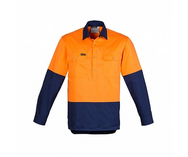 Mens Closed Front Long Sleeve Shirt in yellow and or orange - Front View