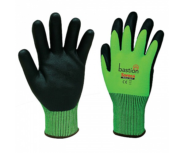 Soroca Green High Vis HPPE Gloves Black Micro Foam Nitrile Palm Coating Safety Gloves