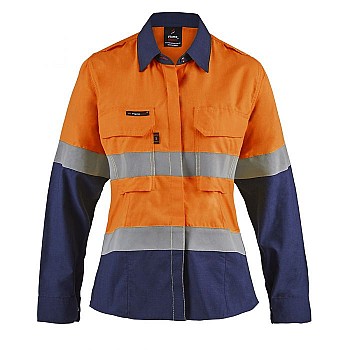 Ladies Hi Vis Two Tone Open Front Shirt With Gusset Sleeves And Fr Reflective Tape