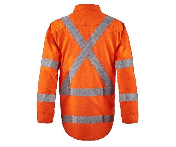 HI VIS OPEN FRONT SHIRT WITH GUSSET SLEEVES & X-PATTERN FR REFLECTIVE TAPE