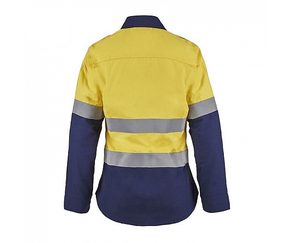 LADIES HI VIS TWO TONE OPEN FRONT SHIRT WITH GUSSET SLEEVES AND FR REFLECTIVE TAPE