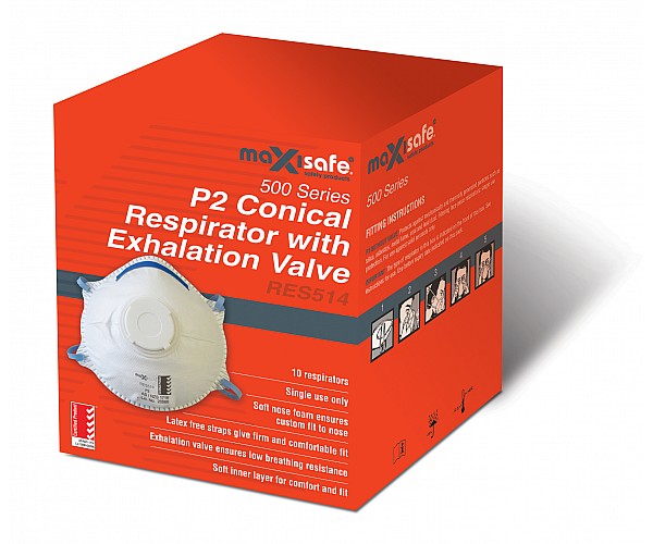 Maxisafe RES514 Conical Respirator Valved P2 N95 BOX of 10 Disposable Respirator Masks
