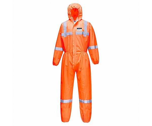 HI VIS Vistex SMS Coveralls Type 5 6 with Reflective Tape in Orange - Front View