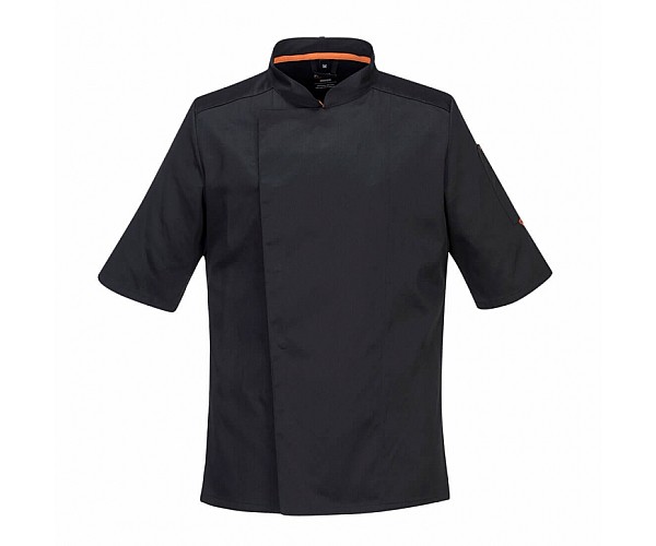 Portwest Stretch MeshAir Pro S/S Chefs Jacket - C746 in Black- Front View