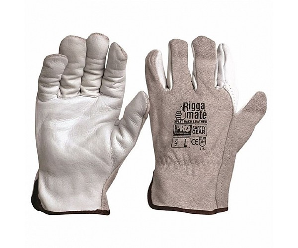 Riggamate Natural Cowgrain Leather Palm Split Back Glove in Grey - Front View