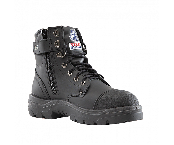 Cowhide leather safety work boot with zip, lace-up, padded collar, scuff cap, and TPU outsole. Meets international safety standards