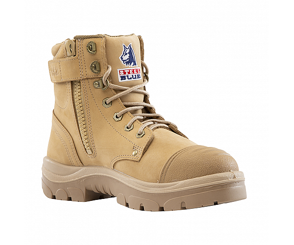 Cowhide leather safety work boot with zip, lace-up, padded collar, scuff cap, and TPU outsole. Meets international safety standards