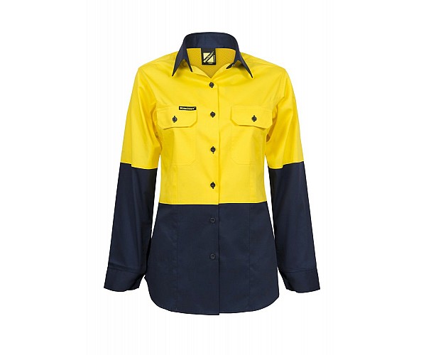LADIES LIGHTWEIGHT HIVIS LONG SLEEVES VENTED COTTON DRILL SHIRT