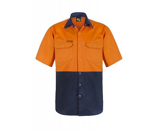 WORK CRAFT TWO TONE SHORT SLEEVE SHIRT WITH PRESS STUDS & POCKETS 100% COTTON