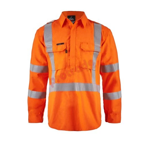 Hi Vis Close Front Shirt With X-Pattern Fr Reflective Tape Hi Vis Close Front Shirt With X-Pattern Fr Reflective Tape