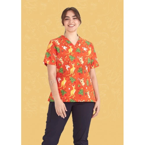 Womens Christmas V-Neck Short Sleeve Scrub Top