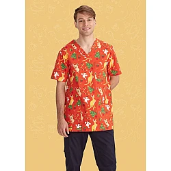 Mens Christmas V-Neck Short Sleeve Scrub Top