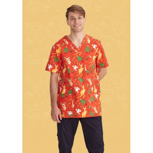 Mens Christmas V-Neck Short Sleeve Scrub Top