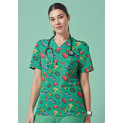 Womens V-Neck Printed Scrub Top