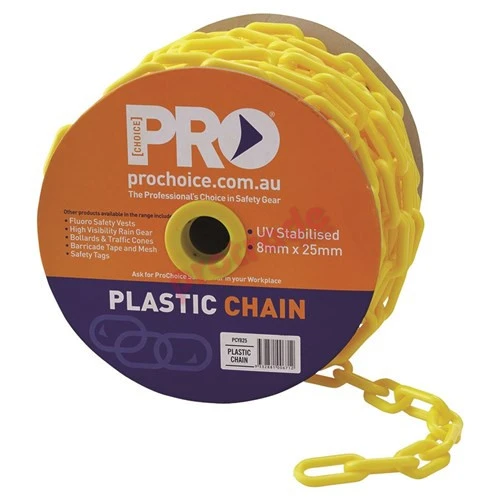 Yellow Or Red/White Plastic Linked Chain 8mm x 25m Yellow Or Red/White Plastic Linked Chain 8mm x 25m