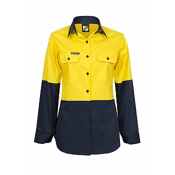 Ladies Lightweight Hi Vis Long Sleeves Vented Cotton Drill Shirt